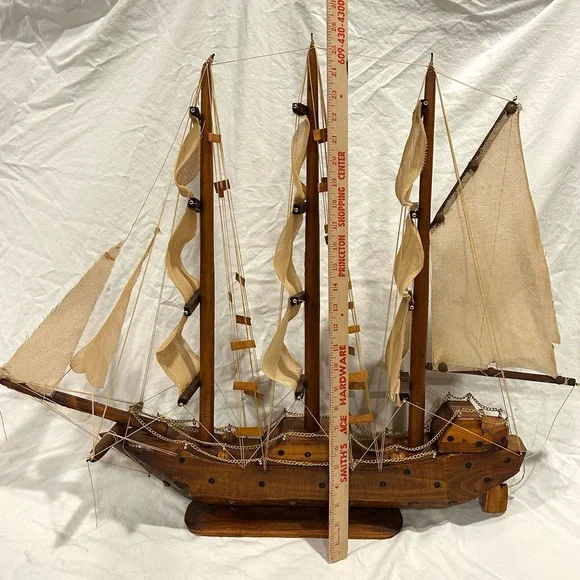 Vintage Sailboat Huge Handmade Multi Fabric Sail Boat Wooden Wood